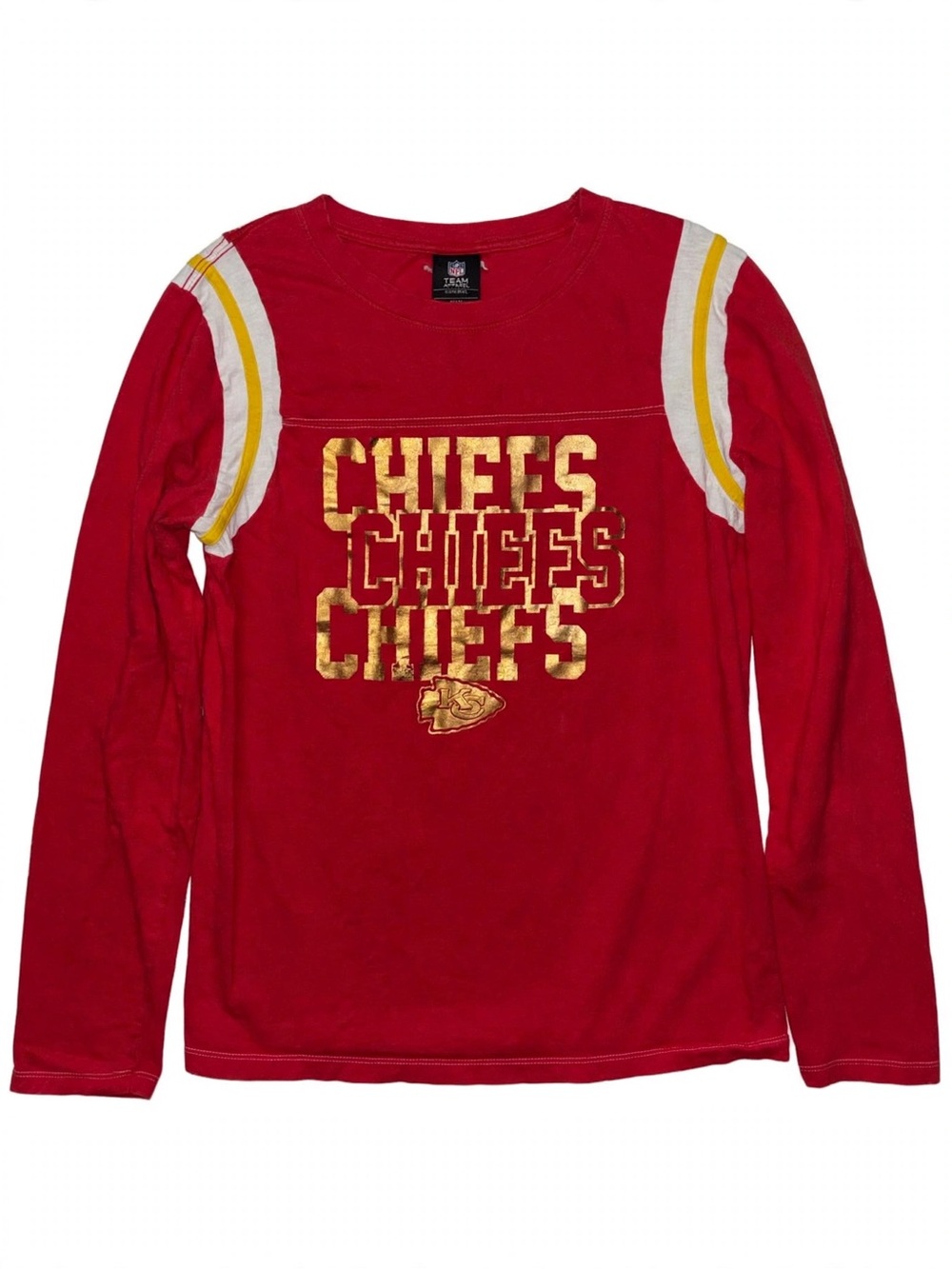 NFL Chiefs Shirt Womens Large Red Gold Foil CHIEFS KC Long Sleeve Stripes